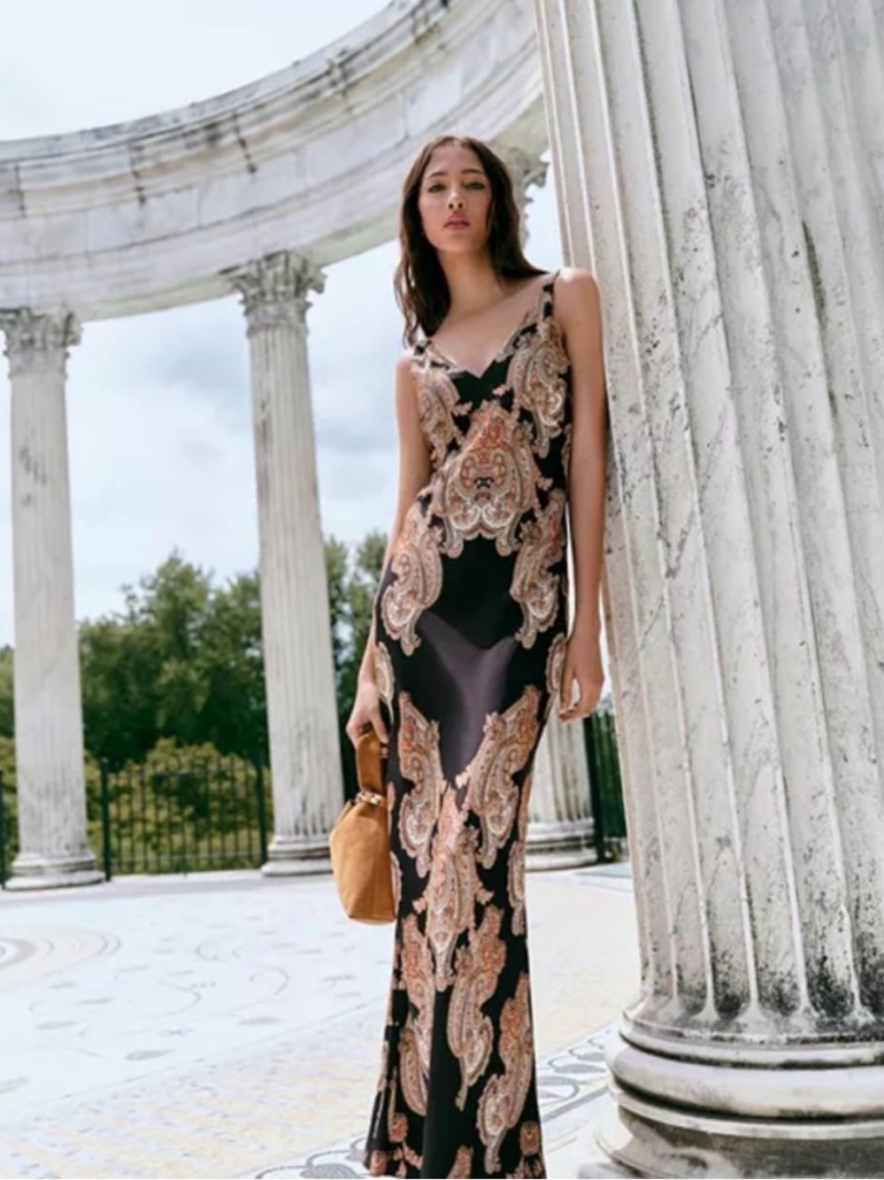 Veronica Beard Black Maxi Dress with Peach Paisley Motif